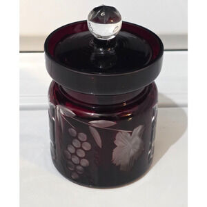 Vintage Romanian Ruby Red Cut to Clear Crystal Sugar Condiment Jam Jar